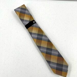 NWT J. Ferrar Gold Grey Polyester Rayon Blend Narrow Tie